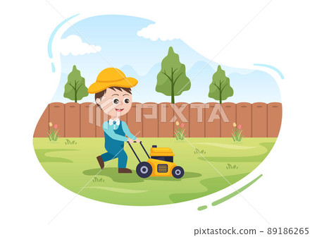 Lawn Mower Cutting Green Grass, Trimming and Care on Page or Garden in Flat Cute Cartoon Illustration Lawn Mower Cutting Green Grass, Trimming and Care on Page or Garden in Flat Cute Cartoon Illustration 89186265