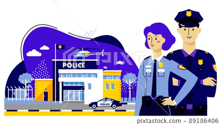 Couple of policemen and police station building on modern background in trendy flat style. Couple of policemen and police station building on modern background in trendy flat style. 89186406