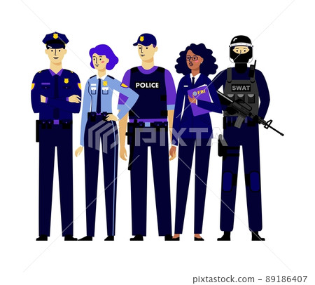 Group of policemen characters isolated on modern background in trendy flat style. Group of policemen characters isolated on modern background in trendy flat style. 89186407