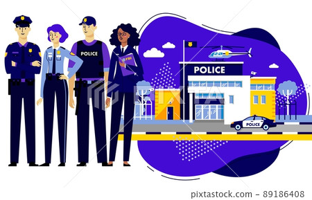 Policemen and police station building on modern background in trendy flat style. Policemen and police station building on modern background in trendy flat style. 89186408