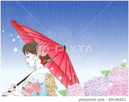 繡球花、日本傘和穿陽光衣服的女人（側身、下垂的眼睛、下雨） 89186831