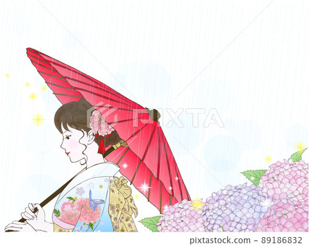 繡球花、日本傘和穿和服的女人（側身，下垂的眼睛，沒有背景） 89186832