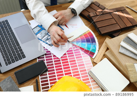 Interior designer working at project, palette on workplace Interior designer working at project, palette on workplace 89186995