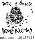 Happy belated birthday card with a cute turtle, cake and lettering. Vector design for card, logo, other template.  89187138