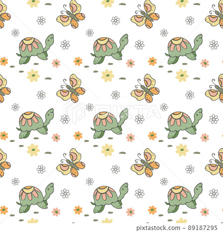Turtle, butterfly seamless pattern. Hand drawn doodle simple graphic, daisy flowers. Cute baby nursery cartoon design. White easy editable color background. Vector 89187295