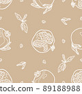 Pomegranate pattern. Ripe fruit and leaves. Sparse white elements on beige background. Outline graphic 89188988