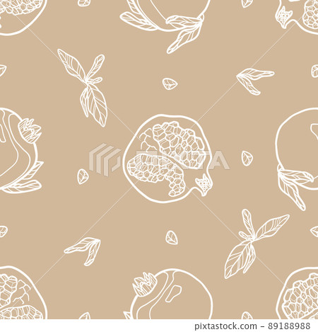Pomegranate pattern. Ripe fruit and leaves. Sparse white elements on beige background. Outline graphic Pomegranate pattern. Ripe fruit and leaves. Sparse white elements on beige background. Outline graphic 89188988