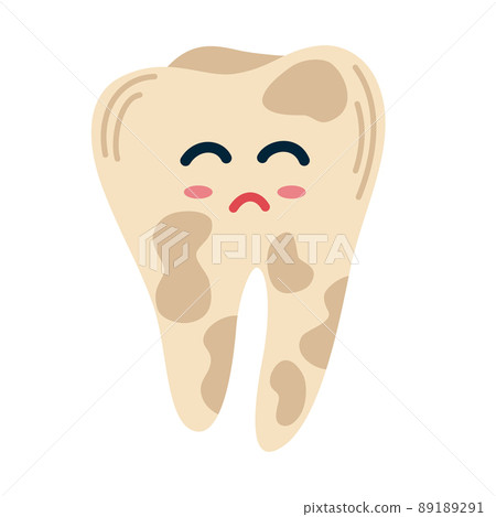 Tooth with caries. Sad cartoon tooth with a disease and a hole. Dental care. For children instructions on brushing teeth, printing and booklets. Vector Hand draw illustration  89189291
