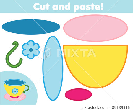 Cut and paste children educational game. Paper cutting activity. Make a tea cup with glue and scissors. DIY worksheet 89189316