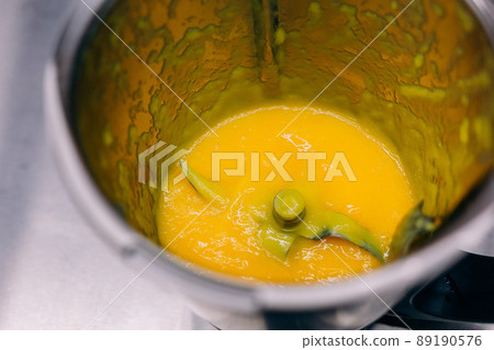 pumpkin soup puree blender yellow sauce bowl pumpkin soup puree blender yellow sauce bowl 89190576