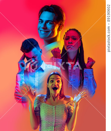 Poster with young excited people, boys and girls listening to music isolated on orange background in neon light, filter. Concept of emotions, youth, fashion, music Poster with young excited people, boys and girls listening to music isolated on orange background in neon light, filter. Concept of emotions, youth, fashion, music 89190602