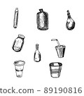 set of glass and plastic empty dishes drawn in black and white style 89190816