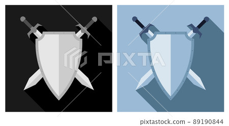 Pair of crossed swords against background of knight shield. Emblem of royal family. Simple flat vector 89190844