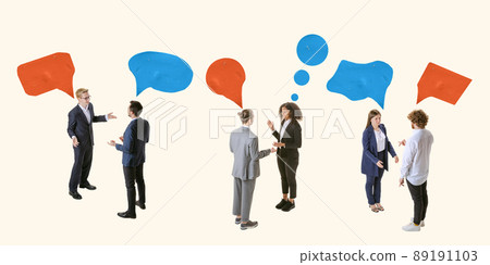 Contemporary art collage. Employees gathering together to discuss business questions, develop new profitable ideas 89191103
