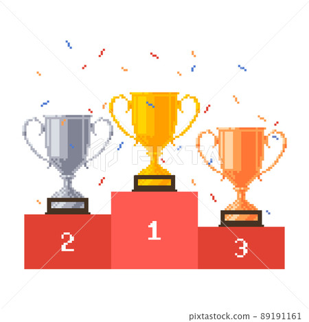 Pixel podium with trophy cups. Goblets on pedestal. Vector illustration. Pixel podium with trophy cups. Goblets on pedestal. Vector illustration. 89191161