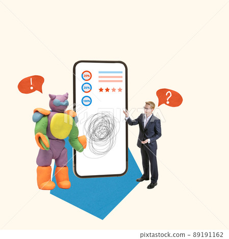Contemporary art collage. Employee working on analytics, developing phone version of business data control Contemporary art collage. Employee working on analytics, developing phone version of business data control 89191162