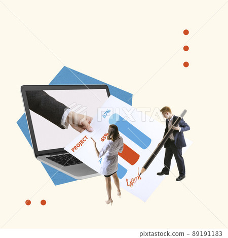 Contemporary art collage. Employees working on new business project, looking on graph of success, developing strategy Contemporary art collage. Employees working on new business project, looking on graph of success, developing strategy 89191183