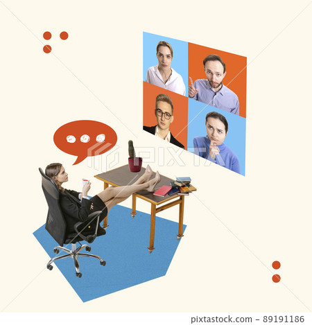 Contemporary art collage. Businesswoman having online meeting with employees via online video call Contemporary art collage. Businesswoman having online meeting with employees via online video call 89191186