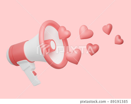 Loudspeaker with hearts 3d render - pink megaphone banner with love symbols. 89191385