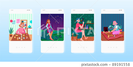 Tarot card prediction, magic potion, astrology, ouija board. Occultism mobile app screen, vector website banner template Tarot card prediction, magic potion, astrology, ouija board. Occultism mobile app screen, vector website banner template 89191558