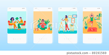 Leisure activities. Meditation, yoga, painting, healthy eating. Mobile app screens, vector website banner template. 89191569