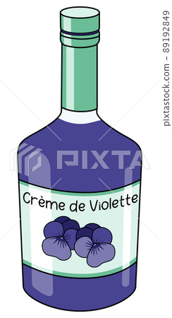 Classic Creme de Violette sweet viola flower liquor in a bottle. Doodle cartoon hipster style vector illustration isolated on white background. For party card, posters, bar menu or alcohol cook book 89192849