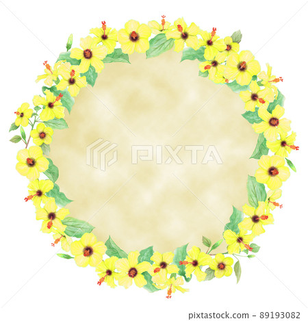 黃芙蓉花、芽、葉和樹枝的手繪圖框排列成圓形 黃芙蓉花、芽、葉和樹枝的手繪圖框排列成圓形 89193082