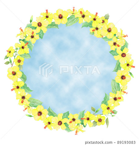 黃芙蓉花、芽、葉和樹枝的手繪圖框排列成圓形 黃芙蓉花、芽、葉和樹枝的手繪圖框排列成圓形 89193083