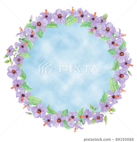 藍芙蓉花、芽、葉和枝的手繪圖框排列成圓形 藍芙蓉花、芽、葉和枝的手繪圖框排列成圓形 89193088