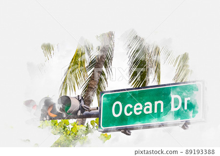 Watercolor painting illustration of Ocean drive street sign in Art Deco district in South Miami USA Watercolor painting illustration of Ocean drive street sign in Art Deco district in South Miami USA 89193388