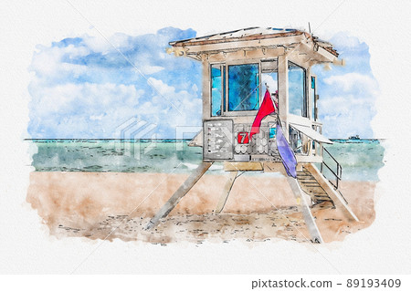 Watercolor sketch of lifeguard tower in Fort Lauderdale 89193409