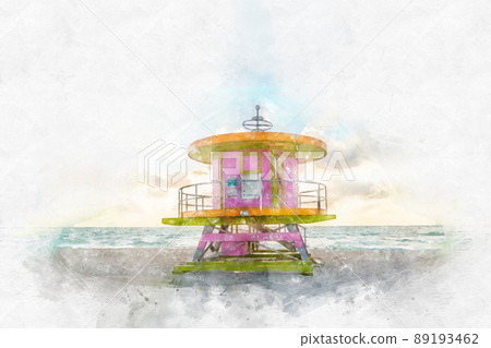 Watercolor painting illustration of Lifeguard tower in South Beach in Fort Lauderdale Florida, USA Watercolor painting illustration of Lifeguard tower in South Beach in Fort Lauderdale Florida, USA 89193462