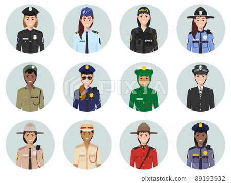 International police concept. Different policeman characters avatars icons set in flat style. Illustrations of sheriff, gendarme and policewoman. Vector illustration. 89193932