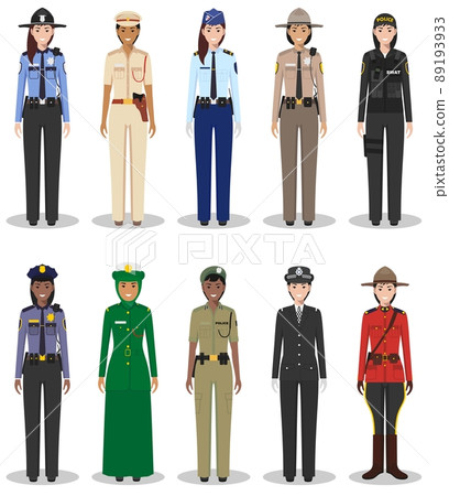 The concept of international police. Set of different detailed illustrations of sheriff, gendarme and policewoman in a flat style on a white background. Vector illustration. 89193933