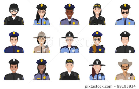 Police people concept. Different policeman and policewoman characters avatars icons set in flat style isolated on white background. Vector illustration. 89193934