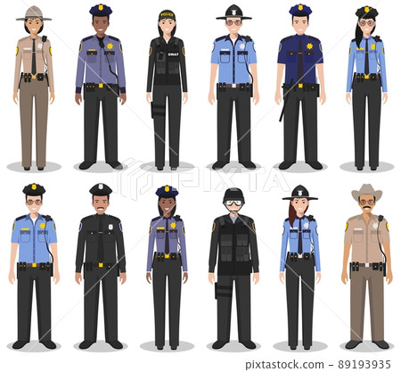 Police people concept. Set of different detailed illustration of SWAT officer, policeman, policewoman and sheriff in flat style on white background. Vector illustration. Police people concept. Set of different detailed illustration of SWAT officer, policeman, policewoman and sheriff in flat style on white background. Vector illustration. 89193935