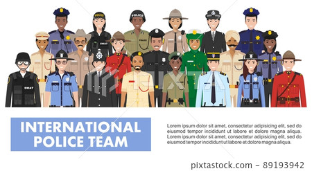 International police people concept. Detailed illustration of SWAT officer, policeman, policewoman and sheriff in flat style on white background. Vector illustration. 89193942