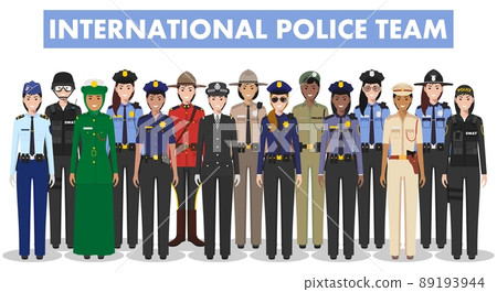 International police people concept. Detailed illustration of SWAT officer, policeman, policewoman and sheriff from different countries in flat style on white background. Vector illustration. 89193944