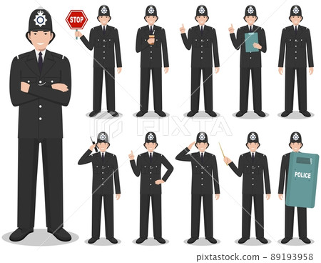 Police people concept. Detailed illustration of british policeman in traditional uniform standing in different poses in flat style isolated on white background. Flat design people characters. Vector. 89193958