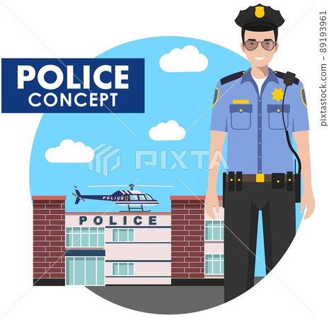 Policeman concept. Detailed illustration of standing police officer in uniform on background with police department and helicopter in flat style. Vector illustration. 89193961