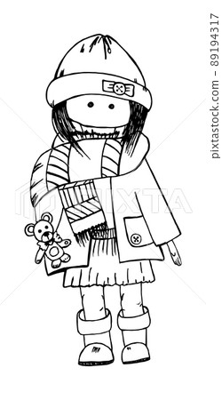 Cutie doll dressed in warm autumn outfit holding teddy bear in her hand 89194317