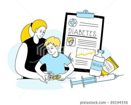 Mother help sugar test diabetes boy, insulin kit pen, blood sugar meter doodle style drawing. Mother help sugar test diabetes boy, insulin kit pen, blood sugar meter doodle style drawing. 89194356