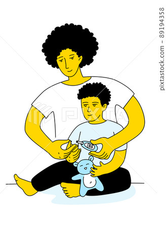 Mother help sugar test diabetes boy, blood sugar meter doodle style drawing. 89194358