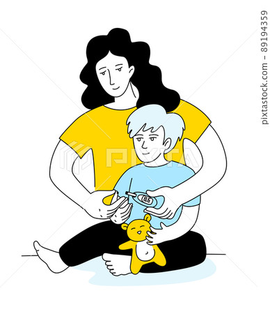 Mother help sugar test diabetes boy, blood sugar meter doodle style drawing. 89194359