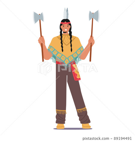 Indian American Indigenous Warrior with Axes, Male Character, Native Aboriginal Person in Tribal Costume and Headwear 89194491