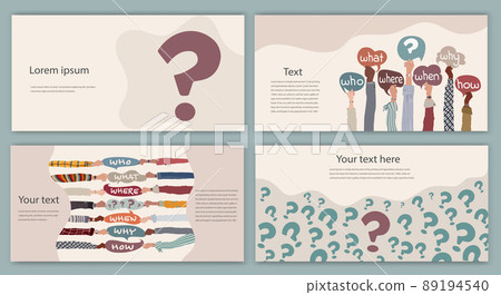Arms up people holding speech bubble with text -Who What Where When Why How- and question mark symbol. Investigate and solve questions. Editable web page template web banner cover poster Arms up people holding speech bubble with text -Who What Where When Why How- and question mark symbol. Investigate and solve questions. Editable web page template web banner cover poster 89194540