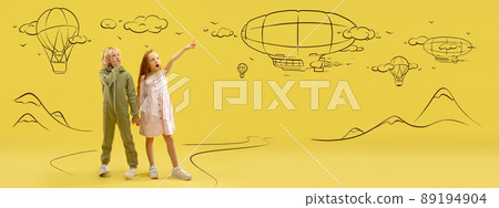 Flyer with funny kids, little boy and girl talking, dreaming isolated on yellow background with drawing, pencil sketch. Inspiration world for kids. Concept of international children's day Flyer with funny kids, little boy and girl talking, dreaming isolated on yellow background with drawing, pencil sketch. Inspiration world for kids. Concept of international children's day 89194904