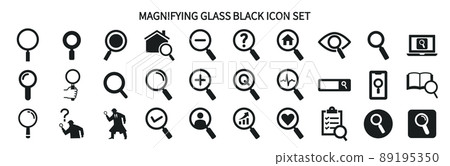 Icon set related to magnifying glass and research Icon set related to magnifying glass and research 89195350