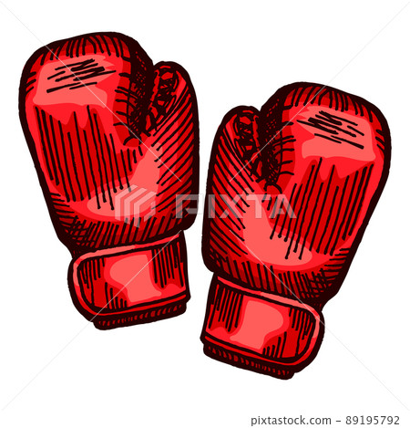 Red boxing gloves sketch in isolated white background. Vintage sporting equipment for kickboxing in engraved style. Red boxing gloves sketch in isolated white background. Vintage sporting equipment for kickboxing in engraved style. 89195792