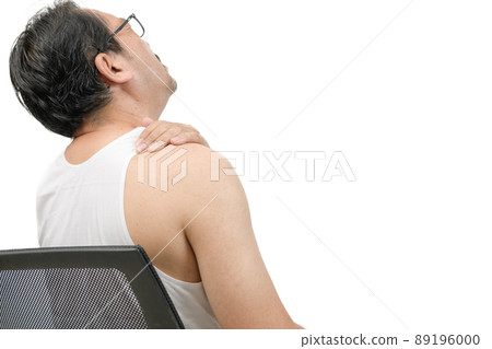 A middle aged man in white veat suffering from arm and shoulder pain isolated 89196000
